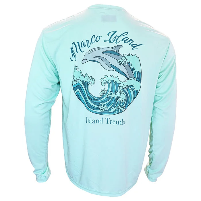 Limited Stock Island Trends Marco Island Dolphin Wave Long Sleeve Performance T-Shirt - Pastel Mint Limited Stock Island Trends Marco Island Dolphin Wave Long Sleeve Performance T-Shirt - Pastel Mint
