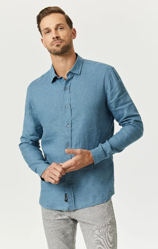 Weekend Bargains Galore LINEN BUTTON-UP SHIRT IN BLUESTONE