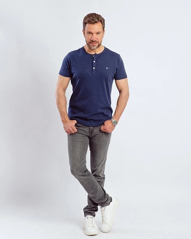 Final Markdown Plain Short-sleeve O-neck Body with a buttons-Navy