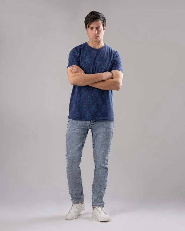 Weekend Deals That Sizzle ROUND NECK PATTERNED T-SHIRT - NAVY