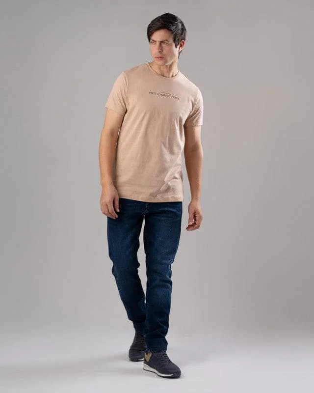 Weekend Deals That Spark ROUND NECK PRINTED T-SHIRT - DARK BEIGE