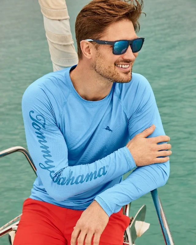 Pay Less Tommy Bahama Men's IslandZone Chill Time Surf Crew Long Sleeve Rash Guard T-Shirt - Infinity Pool