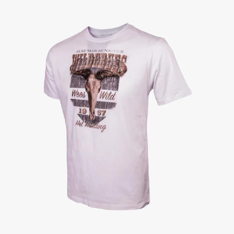 Price Buster Wildebees Mens Woodlook Skull Short Sleeve Tee White