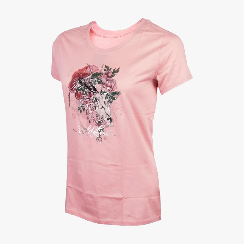 Act Fast Wildebees Womens Floral Skull Short Sleeve Tee Pearl Shimmer